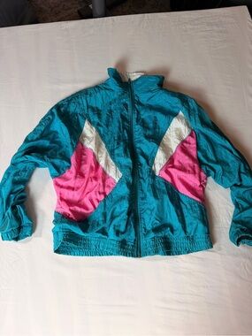 Vintage Teal Colorblock Windbreaker Jacket with Pink & White Accents